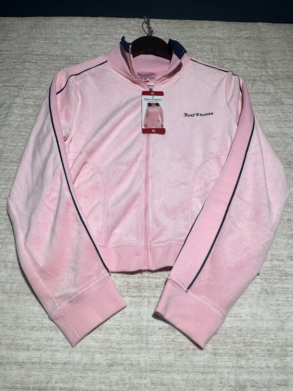 Juicy Couture Pink Velour Track Jacket with Navy Piping